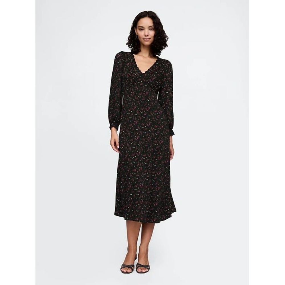 Gap Satin Empire Midi Dress Cottagecore Black Large Lace Trim Eyelet